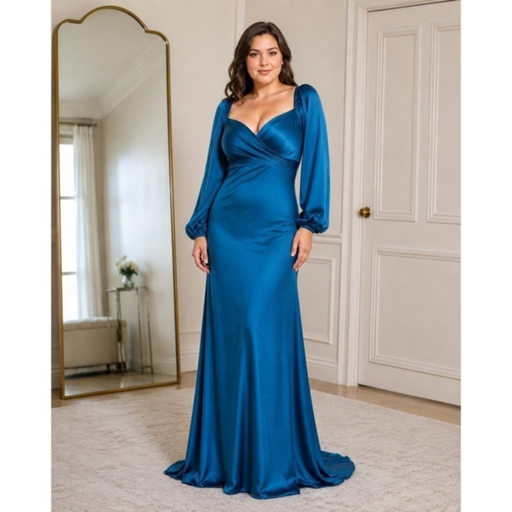 Mac Duggal Ocean Blue Satin Sweetheart Puff Sleeve Gown 495191 Size 14 Goddess